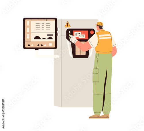 Smart industry worker controls production with modern machine, technology. Factory engineer works with high tech industrial equipment, system. Flat vector illustration isolated on white background