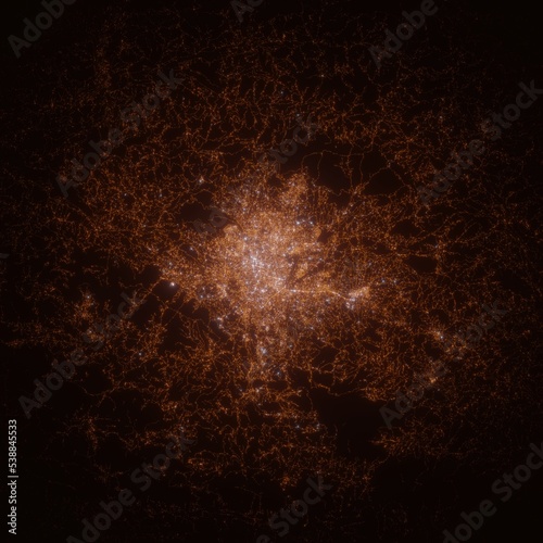 Kathmandu (Nepal) street lights map. Satellite view on modern city at night. Imitation of aerial view on roads network. 3d render