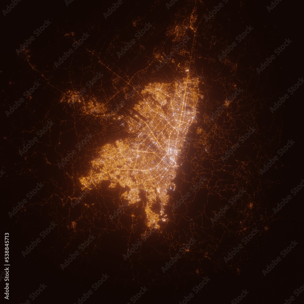 Bogota (Colombia) street lights map. Satellite view on modern city at night. Imitation of aerial view on roads network. 3d render Bogota (Colombia) street lights map. Satellite view on modern city at night. Imitation of aerial view on roads network. 3d render
