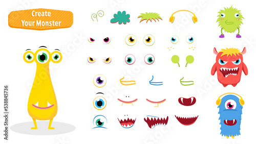 Colorful monster for halloween party in cartoon flat design. Funny and cute elements for create your own monster with creation kit isolated in white background. Good for kids decorative stickers.