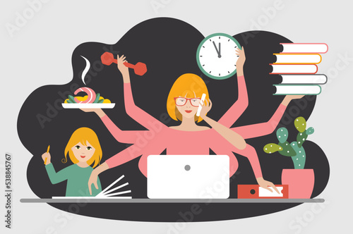 Multitask woman. Mother, businesswoman with child, working, coocking and calling. Flat vector.