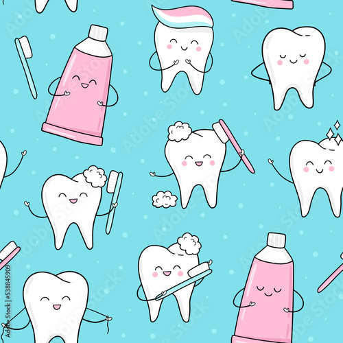 Seamless pattern with cute teeth, toothbrush, toothpaste in cartoon style. Dental cute background. Illustration for children dentist cabinet, pediatric dentistry.