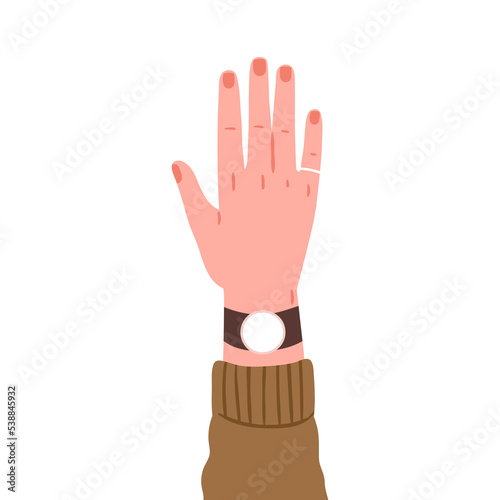Women hand rising up, back side. Raised arm with accessories, ring on little finger, watches. Wearing wristwatch and jewelry on pinky. Flat vector illustration isolated on white background