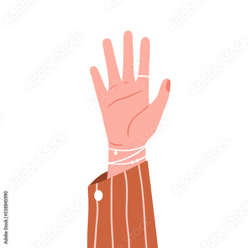 Female hand raised up, wearing jewelry accessories, palm side. Women rising arm with ring on index finger, bracelet on wrist and jacket cuff. Flat vector illustration isolated on white background
