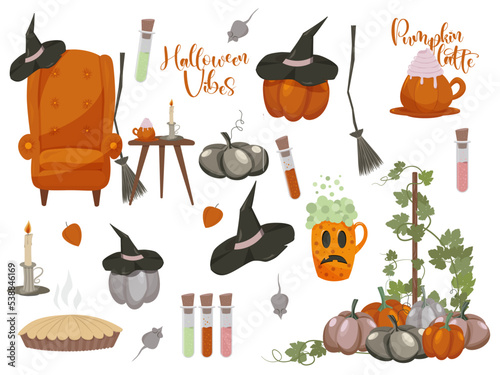 Set of autumn elements stickers. Thanksgiving and Halloween vibes. Pumpkins and witches.