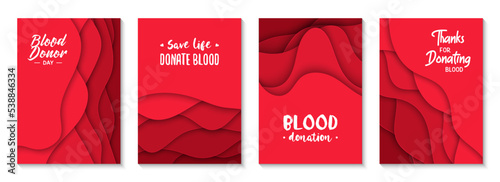Set of 4 Blood Donation abstract graphic organic paper cut shapes. Dynamical waves, fluid shapes. Red banners with flowing lines, Donor quotes. Template for the design of a logo, flyer, presentation