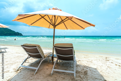 Sunbeds on tropical beach in Phu Quoc island  Vietnam. Beach s smile