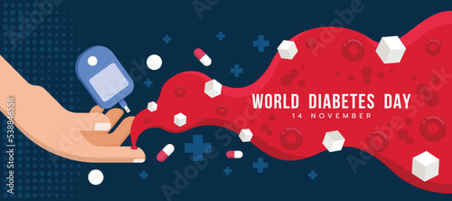 world diabetes day - hand blood are Glucose testing and red blood stream with Blood sugar and hematopoietic on dark blue background vector design