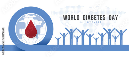 world diabetes day - blood drop and global world in line blue circle symbol with humans raising hands and dot map world texture background vector design
