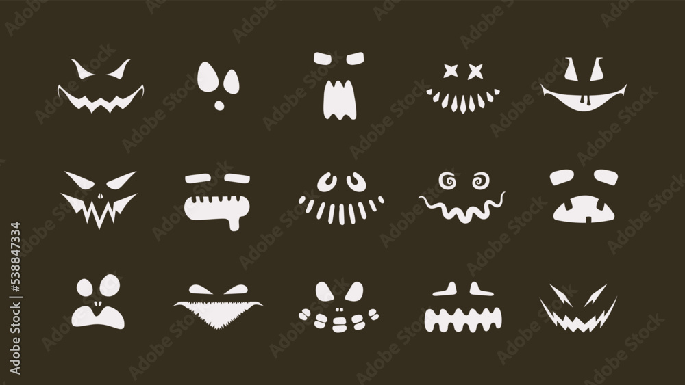 Set of Halloween scary pumpkins cut. Spooky creepy pumpkins cut Set of Halloween scary pumpkins cut. Spooky creepy pumpkins cut