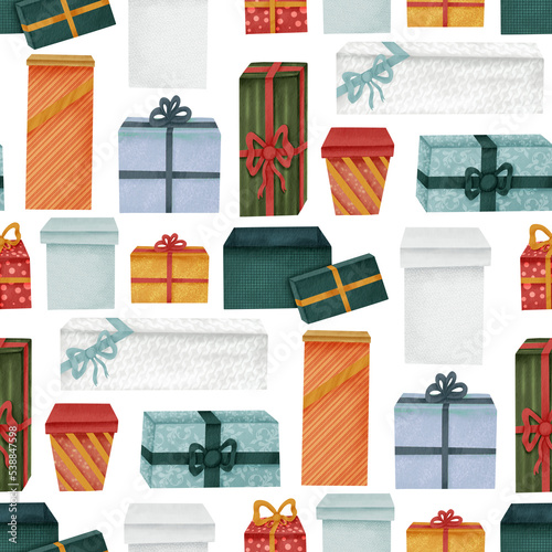 Gift boxes seamless pattern. Illustration in watercolor style for the design of packaging paper, fabric, textiles.