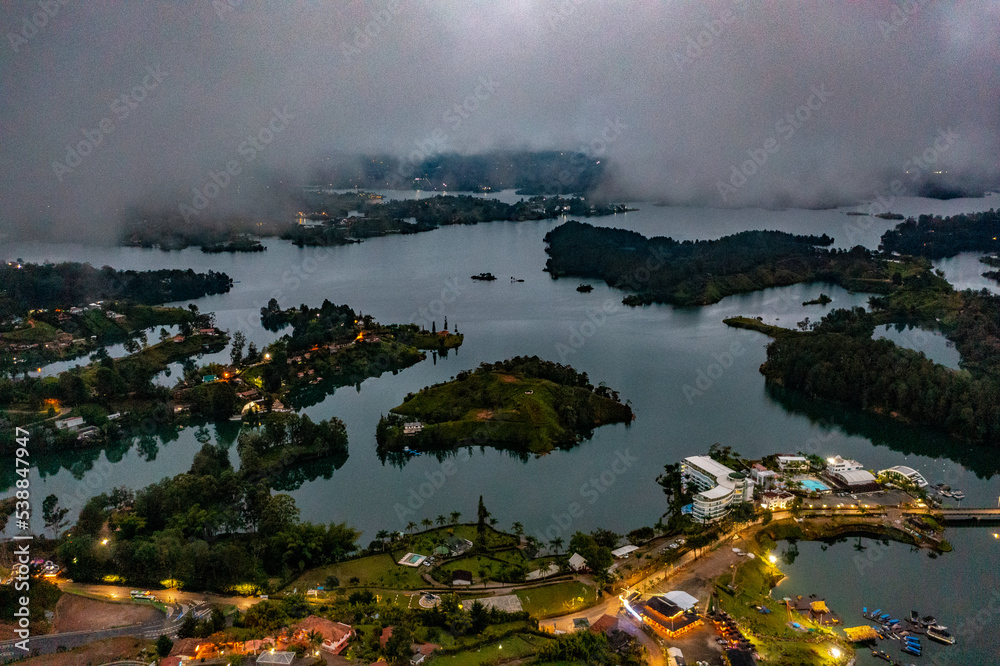 Fototapeta premium Guatape Rock in Columbia Aerial Drone Video