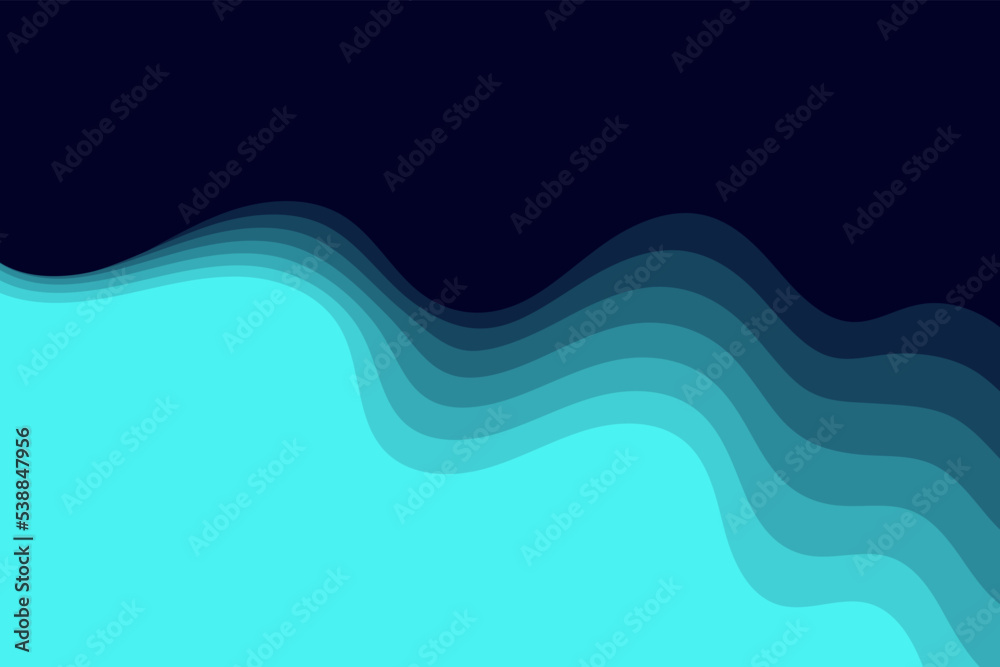 Abstract blue layered wave shapes composition on black background. Simple wavy shapes backdrop illustration with curved halftone objects