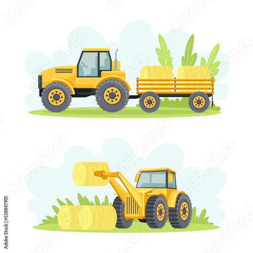Agricultural Farming Machinery with Tractor Piling Hay Rolls and with Trailer Vector Set
