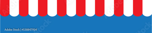 Red and white sunshade for marketplace or shop. Red canopy or Striped Awning Element. vector illustration. Open awning with striped canvas for circus or store. Isolated on blue Background
