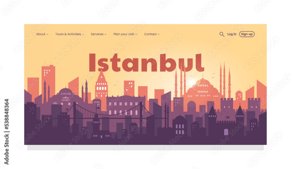Istanbul Turkey concept. Silhouette of the city of Istanbul at sunset. Landing page template. Travel concept. Vector illustration.