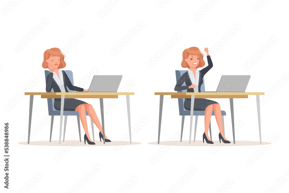 Office Woman in Suit at Desk with Laptop Engaged in Workflow Vector Set