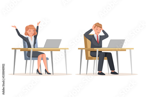 Office Man and Woman in Suit at Desk with Laptop Engaged in Workflow Vector Set