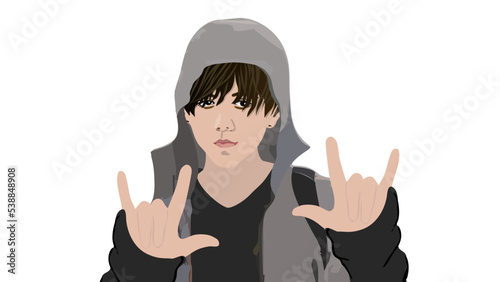 A young person wearing grey wind breaker, black t -shirt and carrying a blackjack gives a peace hand sign, minimalistic illustration vector 