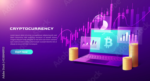 Cryptocurrency bitcoin exchange market isometric landing page. digital money mining, computer and laptop screen with trading chart