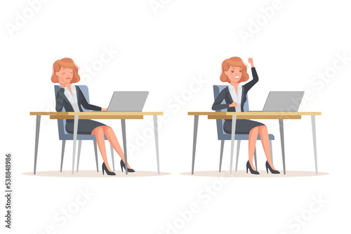 Office Woman in Suit at Desk with Laptop Engaged in Workflow Vector Set