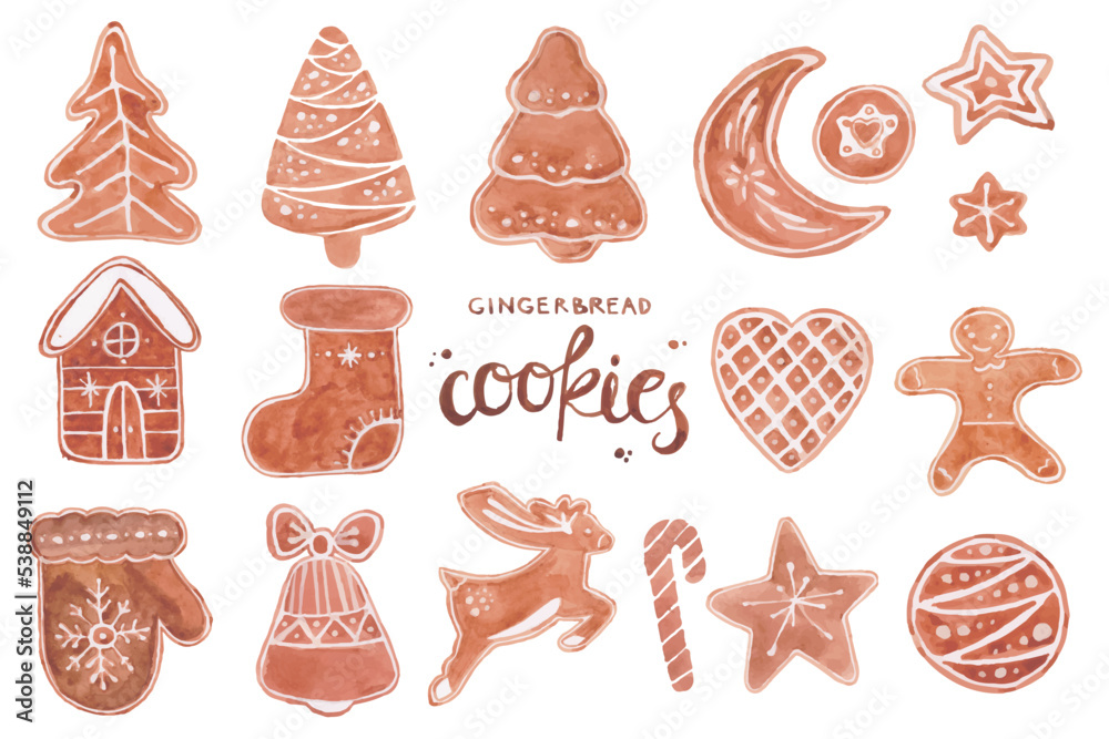 Big set of Gingerbread cookie. Holiday treat in shape of xmas house, bell, snowflake, man, star, snowman, deer vector illustration isolated on white background Big set of Gingerbread cookie. Holiday treat in shape of xmas house, bell, snowflake, man, star, snowman, deer vector illustration isolated on white background