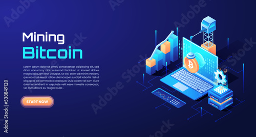 3d Isometric Mining Bitcoin Cryptocurrency and blockchain. Laptop Screen graphic. Best Concept for landing page, web design, banner and presentation. Isometric flat design. Vector illustration.