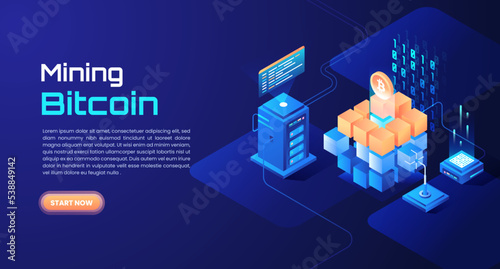 3d Isometric Mining Cryptocurrency and Blockchain with Modern Technology. Digital Money Bitcoin Mining Farm with Artificial Intelligence. Perfect Graphic for Web design, Banner, and Presentation.