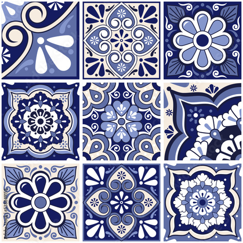  Mexican seamless tile vector pattern big set with flowers, leaves and geoemtric shapes in navy blue