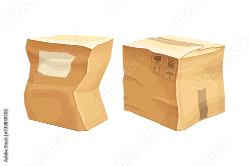 Crumpled Cardboard Box with Corrugated Sides as Packaging and Shipping Container Vector Set