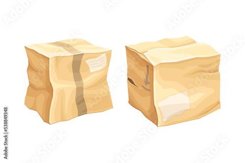 Crumpled Cardboard Box with Corrugated Sides as Packaging and Shipping Container Vector Set