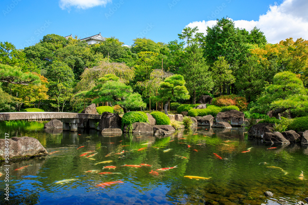 池と木々が美しい日本庭園の風景