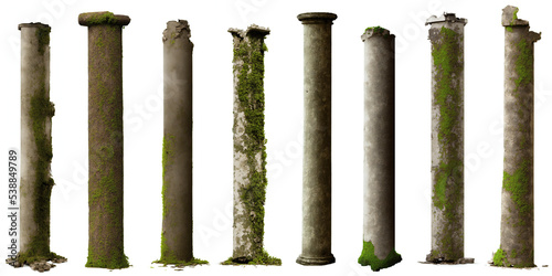Foto set of antique columns, collection of overgrown pillars, isolated on white backg