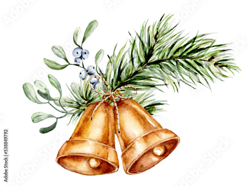 Christmas design. Watercolor illustration. Mistletoe, golden bells, spruce branch on white background. Hand painting winter holidays composition.