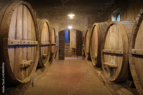 Ancient underground wine cellar with wooden oak casks for wine aging © Alessandro Cristiano