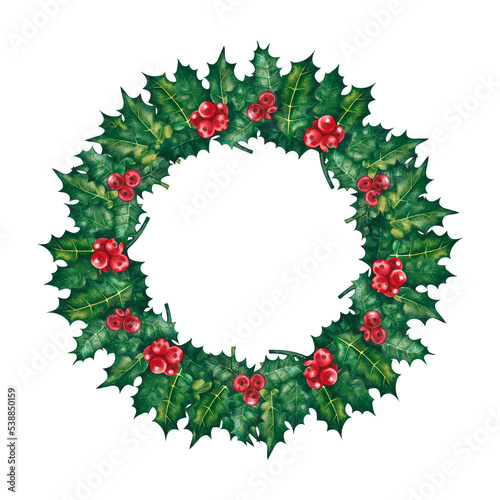 Holly wreath. Round frame for the inscription. Watercolor illustration. For the design of greeting and invitation cards