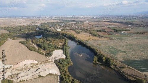 Aerial view of Maritsa River near village of Orizari, Plovdiv region, Bulgaria photo