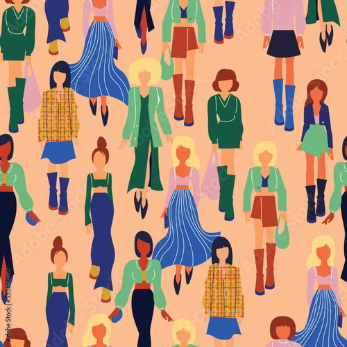 Seamless pattern. Women in trendy clothes. Fashion flat style illustration.