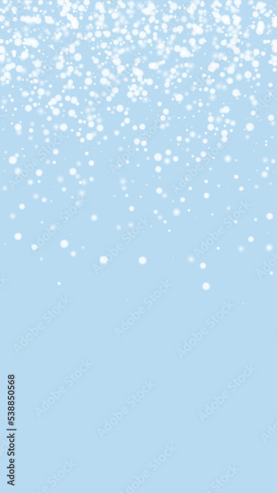 Snowy christmas background. Subtle flying snow flakes and stars on light blue winter backdrop. Delicate sweet snowy christmas. Vertical vector illustration. Snowy christmas background. Subtle flying snow flakes and stars on light blue winter backdrop. Delicate sweet snowy christmas. Vertical vector illustration.