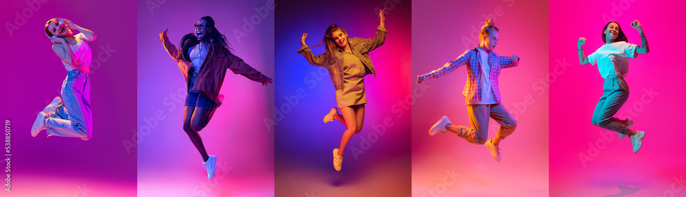 Collage of portraits of young excited expressive people jumping, dancing isolated on multicolored background in neon light. Music, dance, youth, energy
