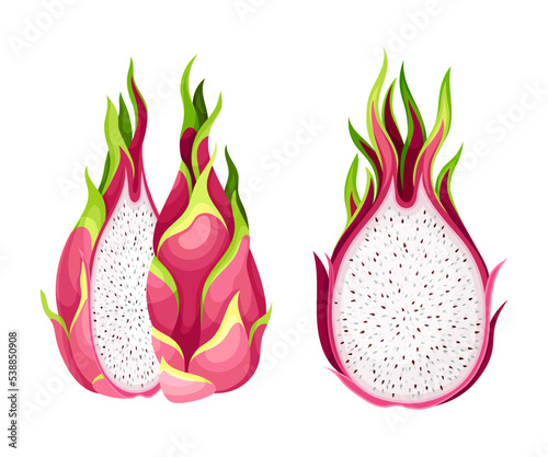 Pitaya or Pitahaya Fruit of Cactus Species with White Flesh and Black, Crunchy Seed Vector Set