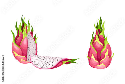 Pitaya or Pitahaya Fruit of Cactus Species with White Flesh and Black, Crunchy Seed Vector Set