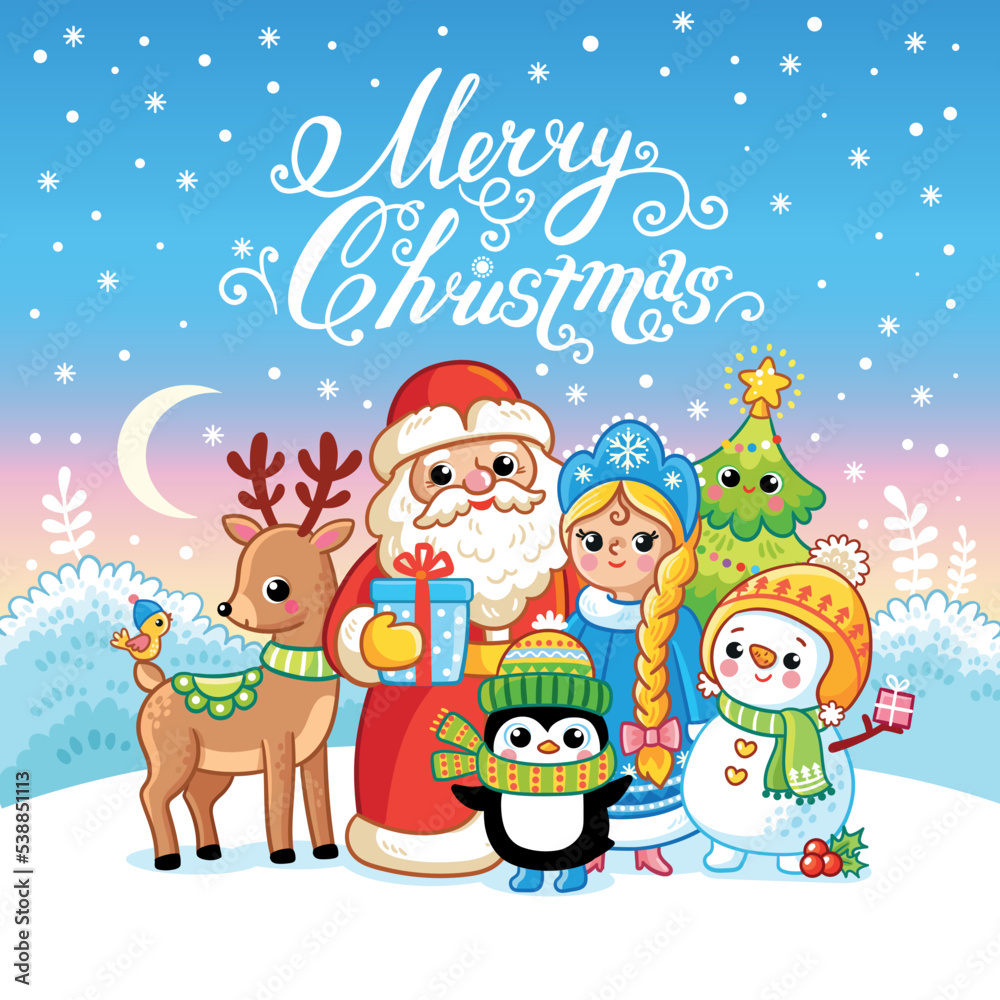 Vector illustration with New Year characters. Christmas card in cartoon style Vector illustration with New Year characters. Christmas card in cartoon style