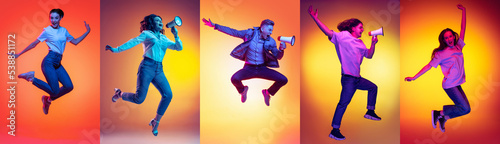 Collage of portraits of young excited expressive people jumping, dancing isolated on multicolored background in neon light. Music, dance, youth, energy