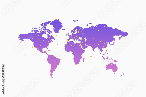 World map with active points. The continents of the planet Earth on a light isolated background. Vector illustration.