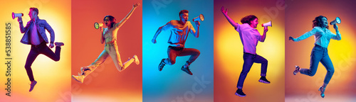 Collage of portraits of young excited expressive people jumping, dancing isolated on multicolored background in neon light. Music, dance, youth, energy