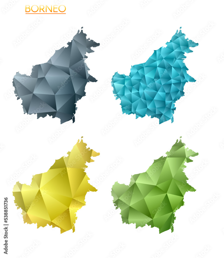 Set of vector polygonal maps of Borneo. Bright gradient map of island in low poly style. Multicolored Borneo map in geometric style for your infographics. Vibrant vector illustration. Set of vector polygonal maps of Borneo. Bright gradient map of island in low poly style. Multicolored Borneo map in geometric style for your infographics. Vibrant vector illustration.