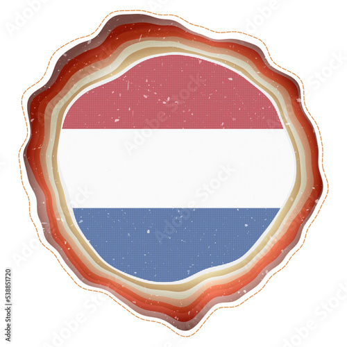 Netherlands flag in frame. Badge of the country. Layered circular sign around Netherlands flag. Artistic vector illustration.