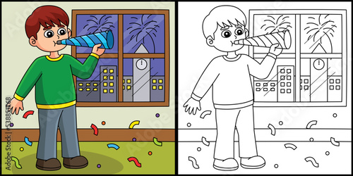 Boy Celebrating New Year Coloring Illustration