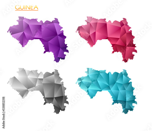 Set of vector polygonal maps of Guinea. Bright gradient map of the country in a low poly style. Multicolored Guinea map in geometric style for your infographics. Vibrant vector illustration.